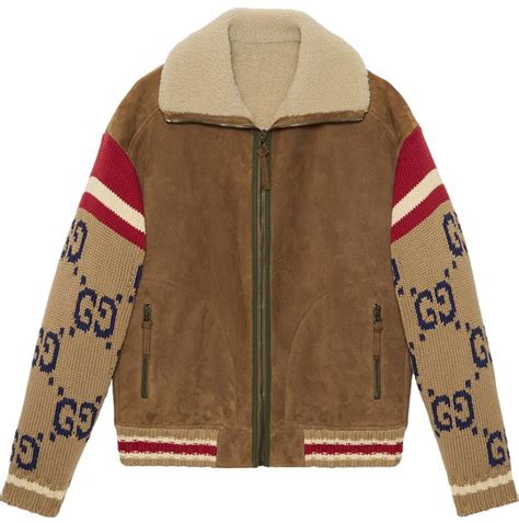 gucci knitted sleeve shearling suede jacket|Gucci leather jacket price.